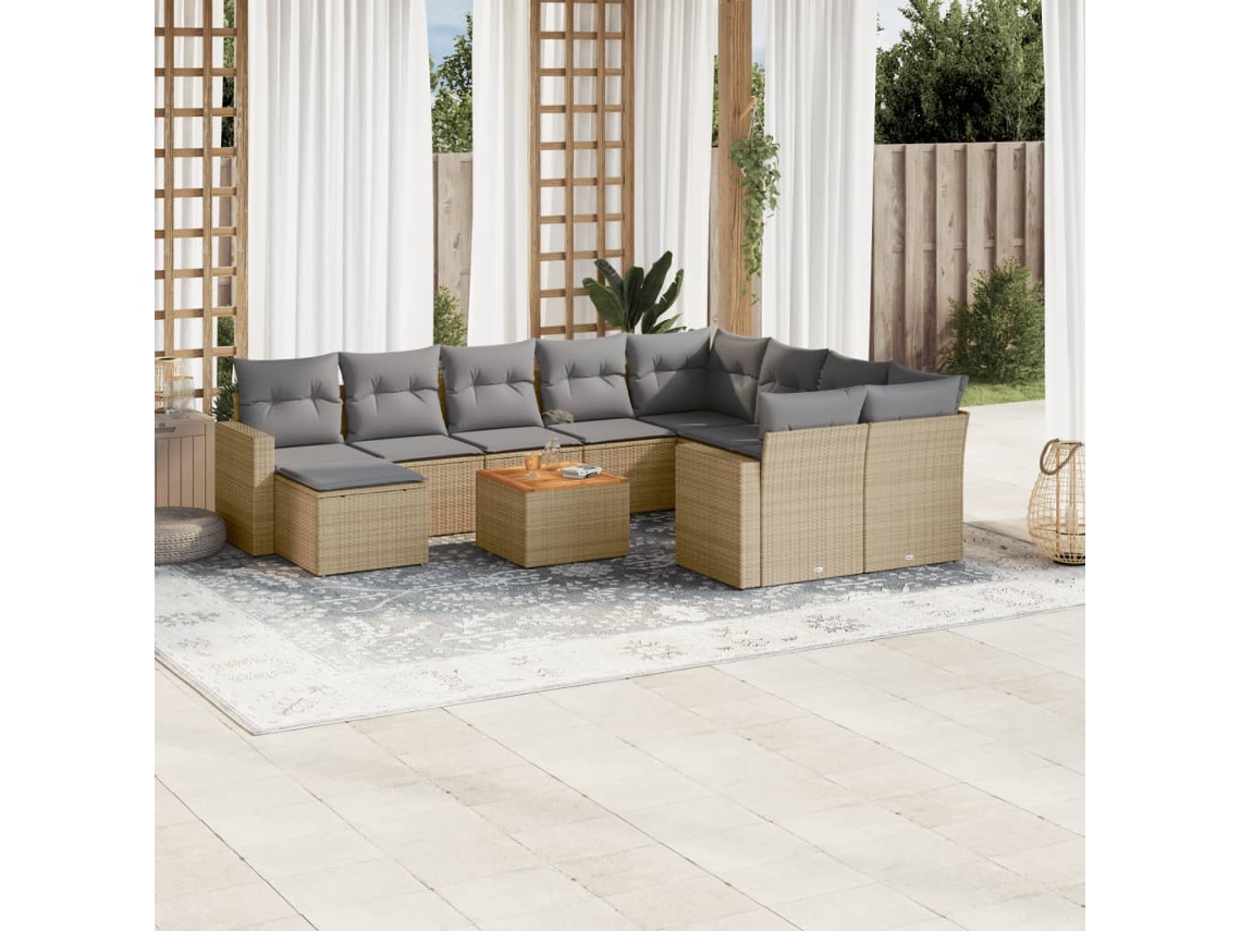 Vidaxl 11 Pcs Conj. Sofás Jardim C/ Almofadões Vime Pe Bege Misturado