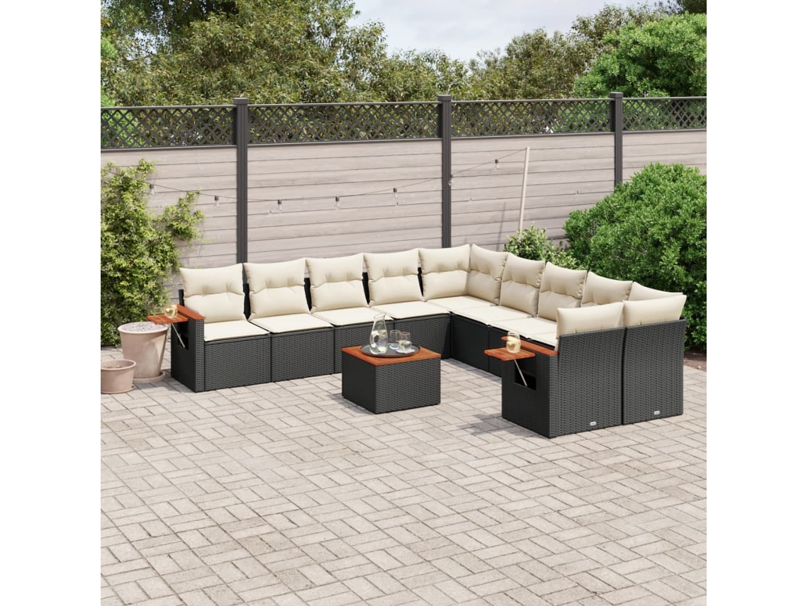 11 Pcs Conjunto Sofás De Jardim C/ Almofadões Vime Pe Preto Dkd Home Decor