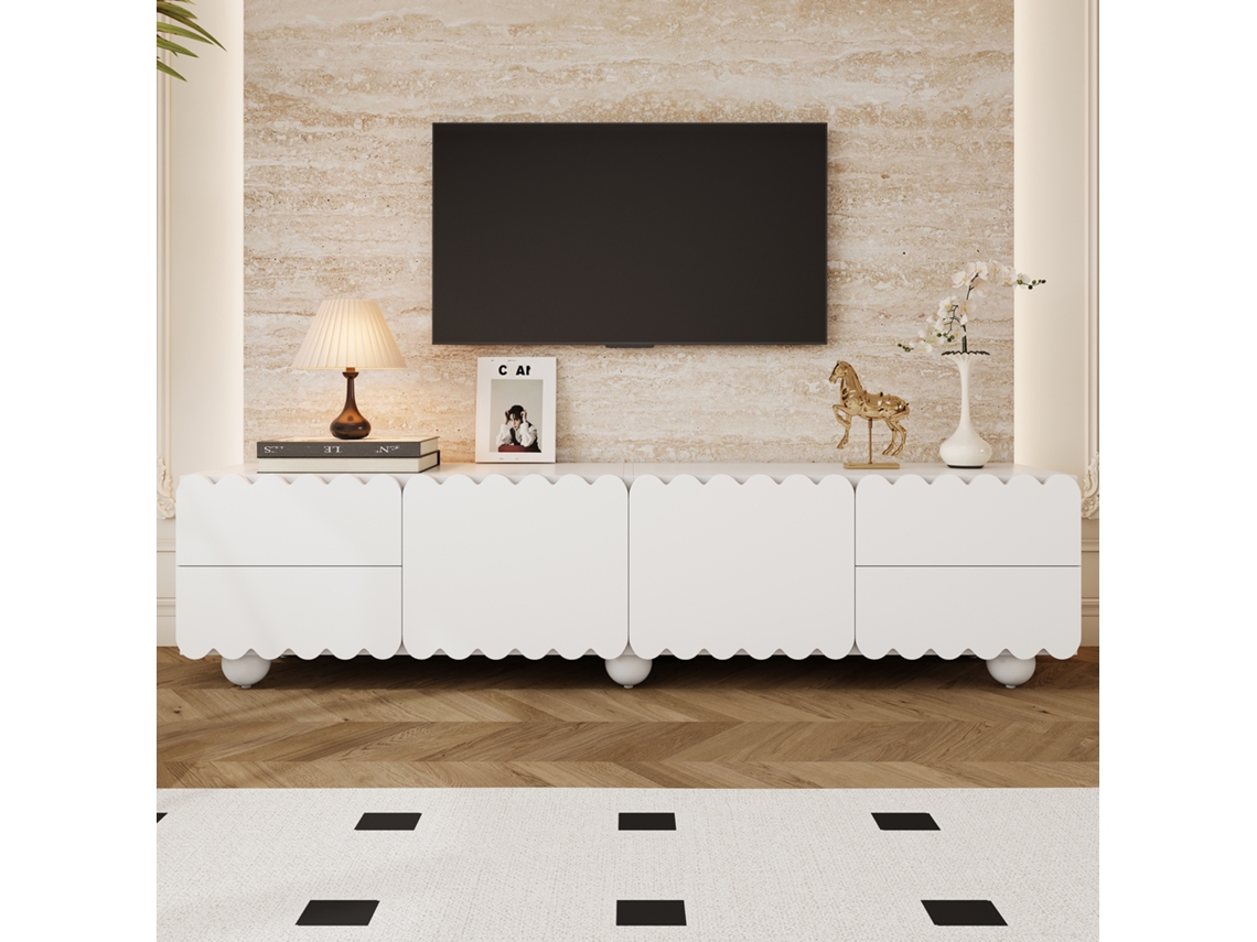 Rack de TV moderno branco com painel e suporte baixo, exclusivo da PAPRIKA (175x38x37 cm)