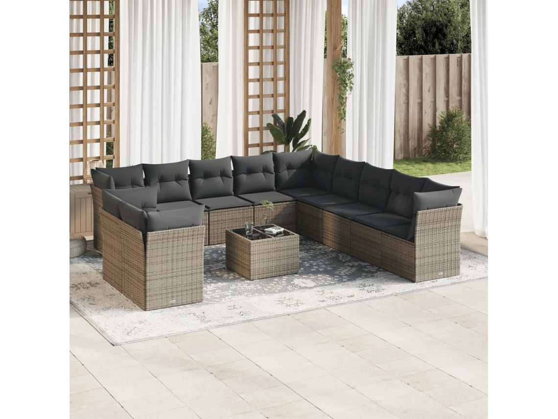 12 Pcs Conjunto De Sofá Jardim C/ Almofadões Vime Pe Cinza Dkd Home Decor
