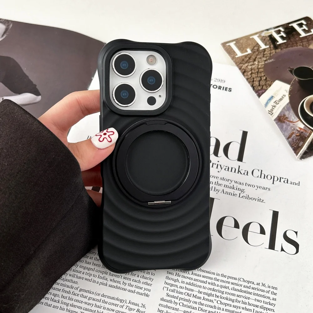 Capa De Celular Preta Em Silicone Líquido Adesivo E Ondulada Com Suporte Magnético (iphone 11).