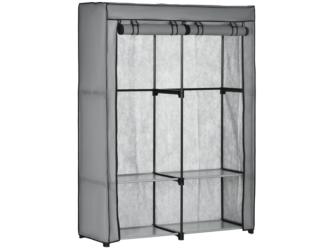 Guarda-roupa De Tecido, Solução De Armazenamento, 4 Prateleiras, 2 Varões Para Roupas, Cinza
