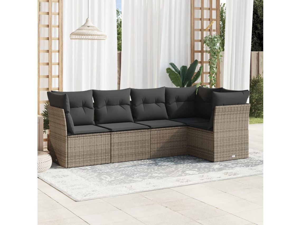 Vidaxl 5 Pcs Conjunto Sofás De Jardim C/ Almofadões Vime Pe Cinzento