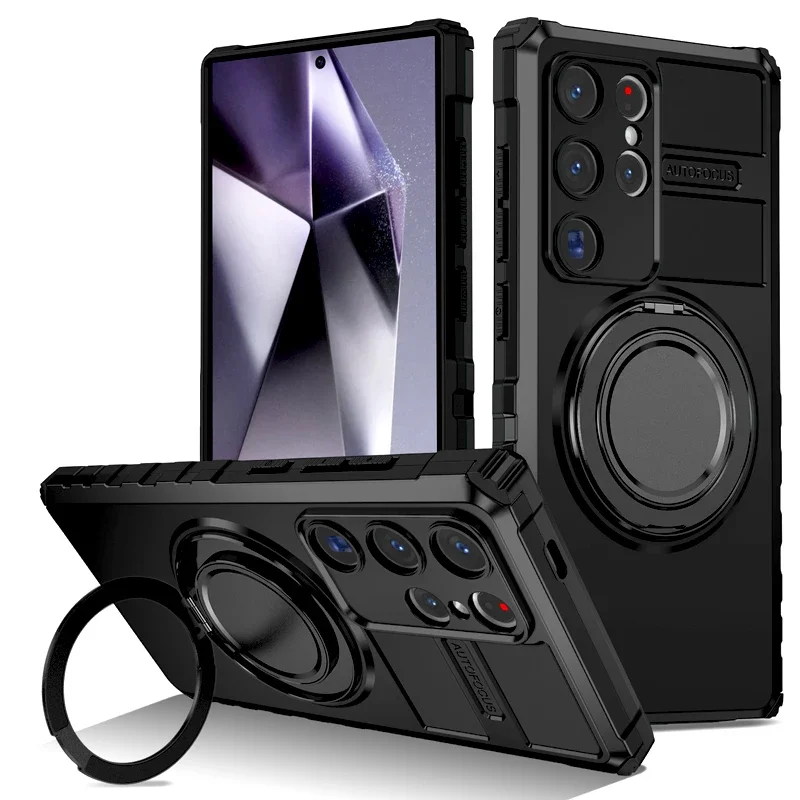 (preto, Galaxy S24) Capa Protetora Elegante E Resistente A Impactos Para Samsung, Com Suporte Giratório Para Carregamento Magnético.