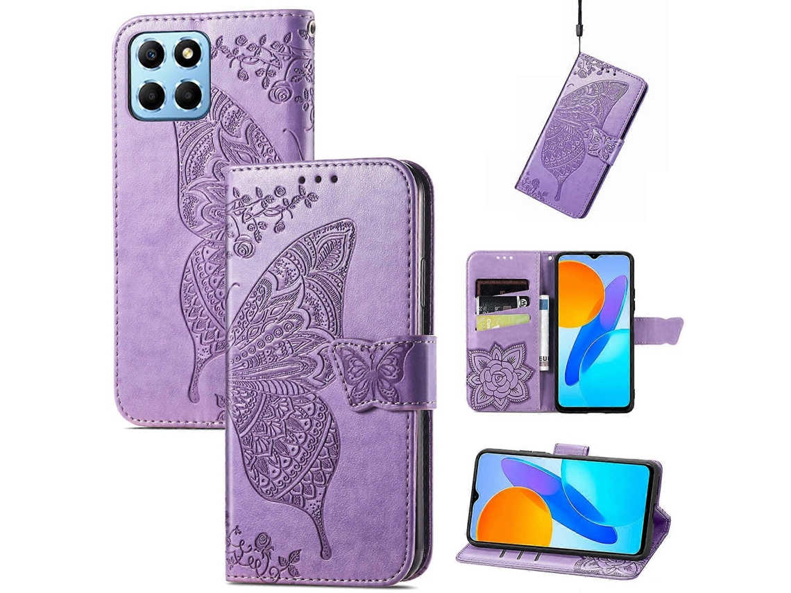 Capa De Couro Com Estampa De Borboleta E Flor Para Honor X8 5g