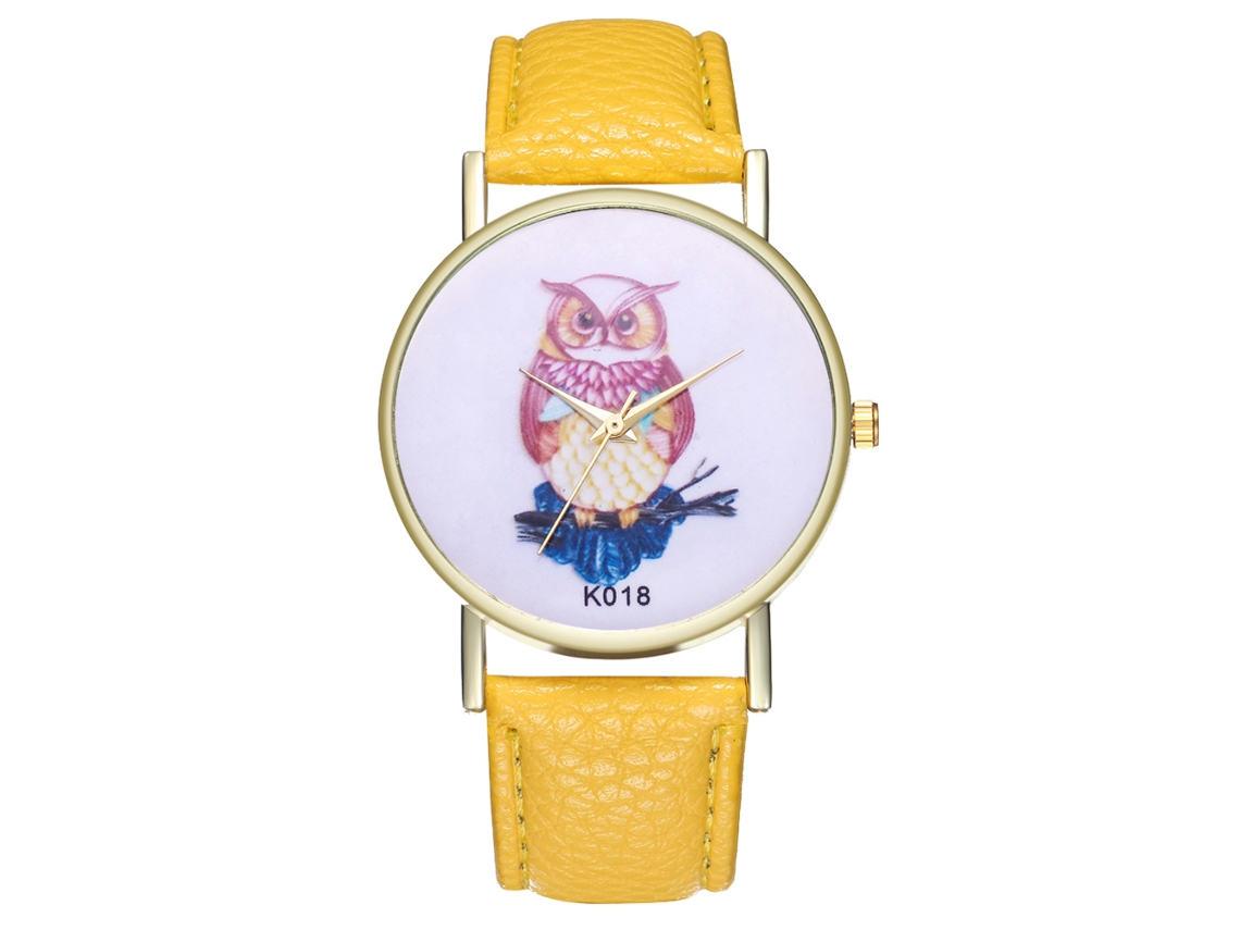 Relógio de pulso analógico de quartzo amarelo com mostrador redondo e pulseira de liga metálica, ideal para casais.