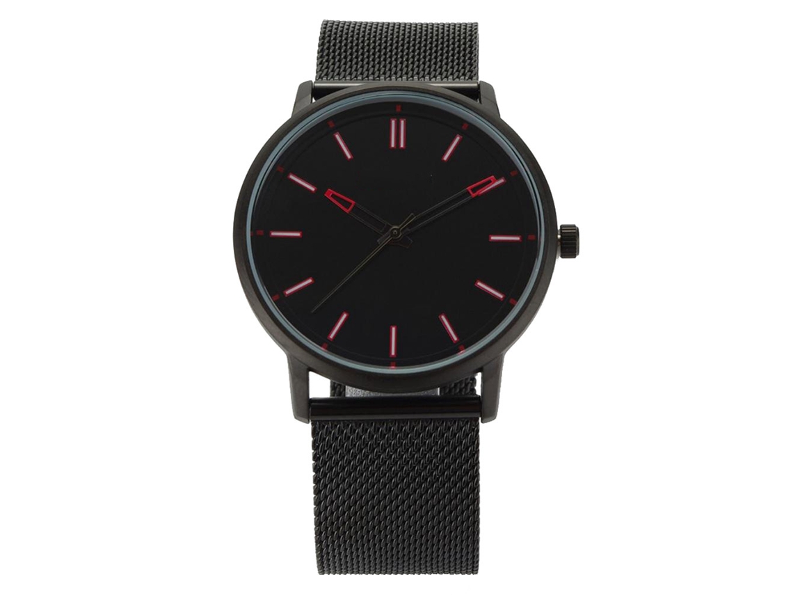 Relógio masculino de quartzo com pulseira de aço multicolorida e mostrador redondo (preto e vermelho)