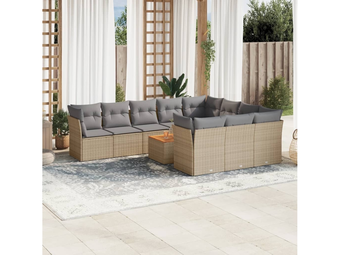 Vidaxl 11 Pcs Conj. Sofás Jardim C/ Almofadões Vime Pe Bege Misturado