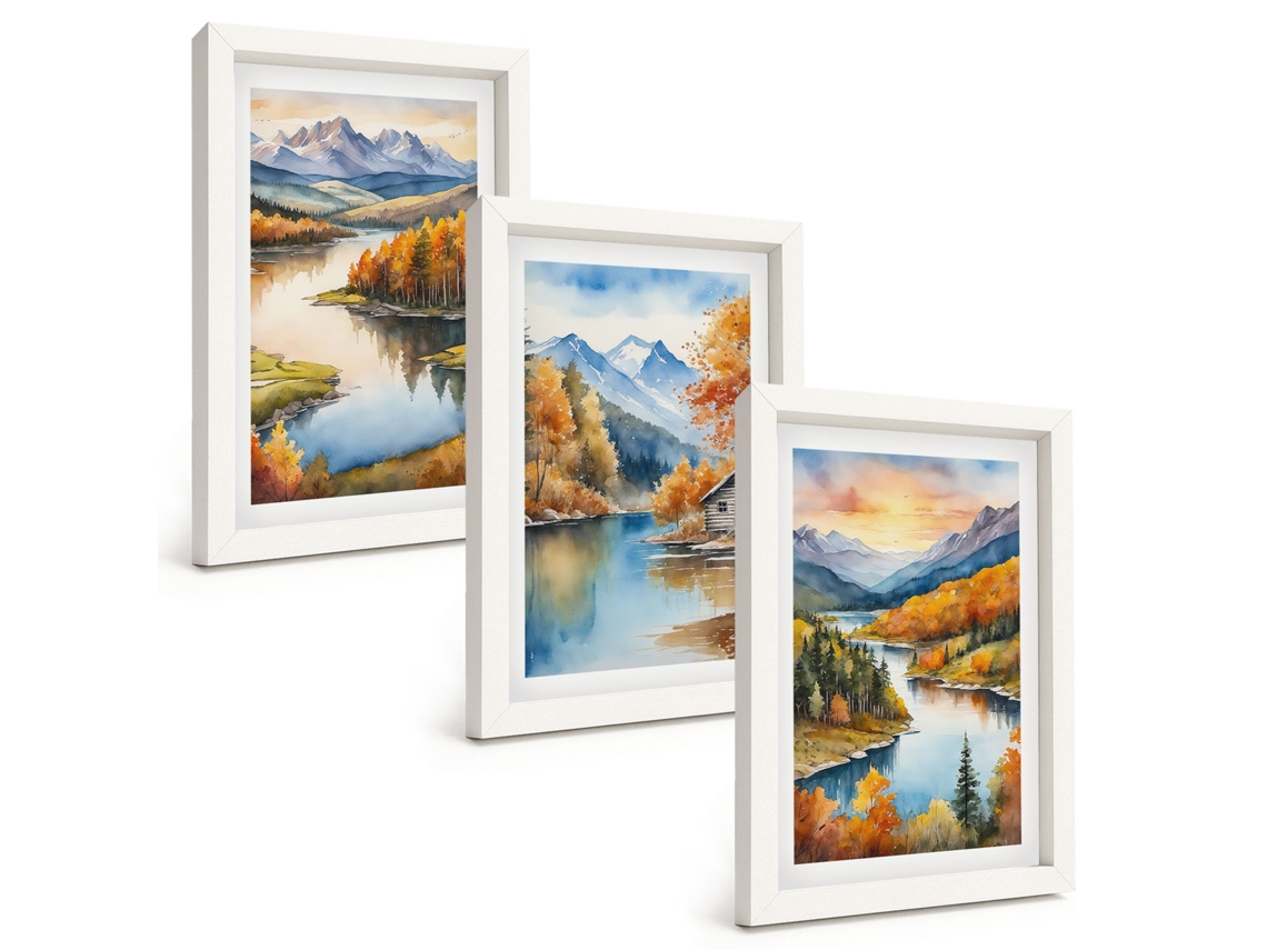 Quadros Decorativos Para Parede Paisagens De Montanha No Outono Moldura Branca Quadros Para O Escritório Espelharte (3 Peças 20x30 Cm)