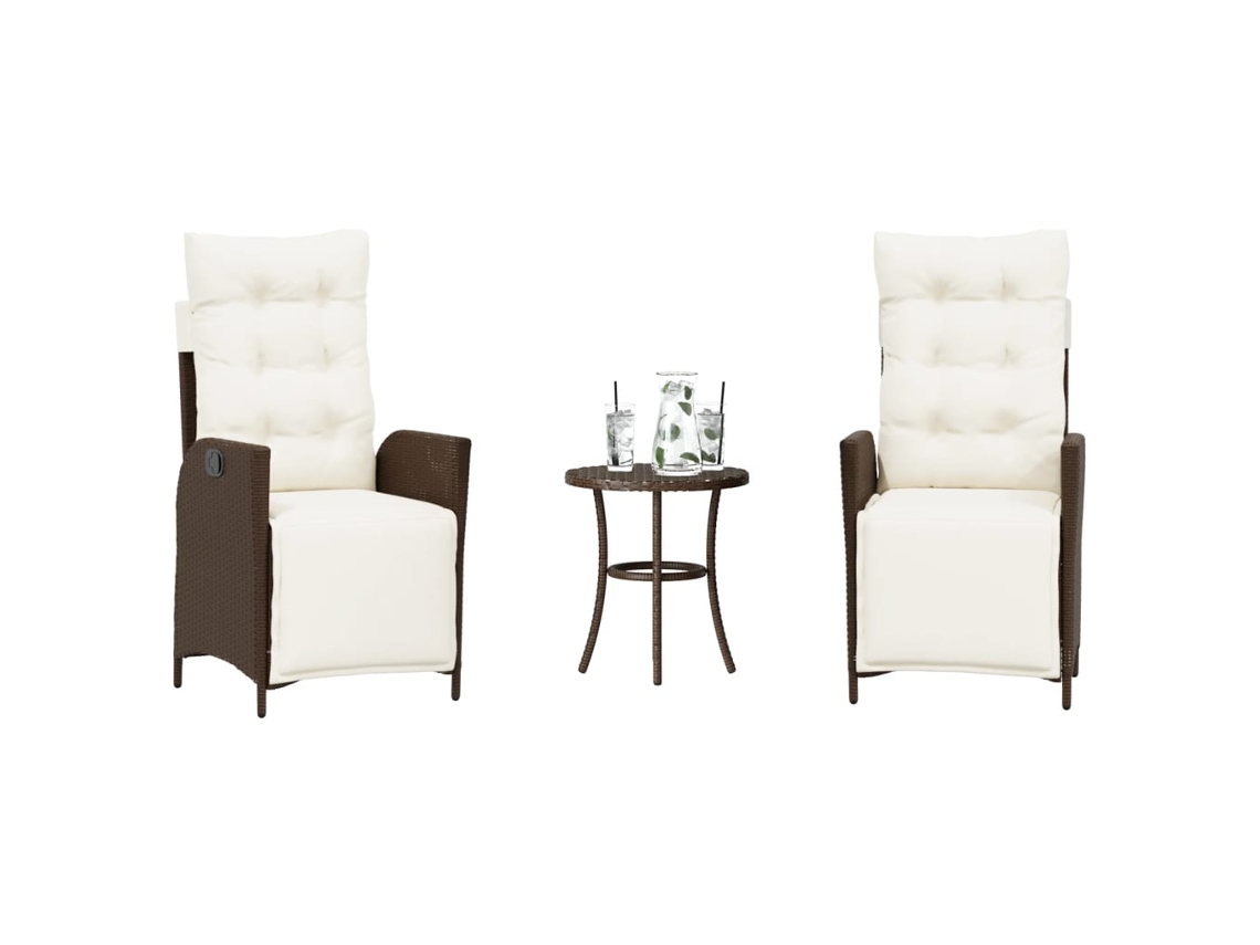 Vidaxl 3 Pcs Conjunto Bistrô Com Almofadões Vime Pe Castanho
