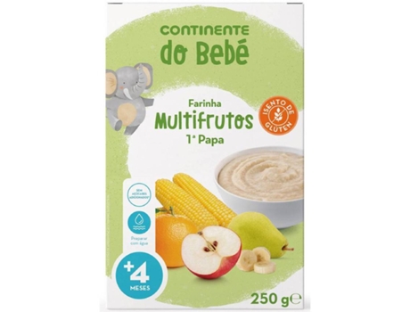 Papa Infantil Farinha Multifrutos 1ª Papa +4M Sem Glúten CONTINENTE DO BEBÉ 250 gr