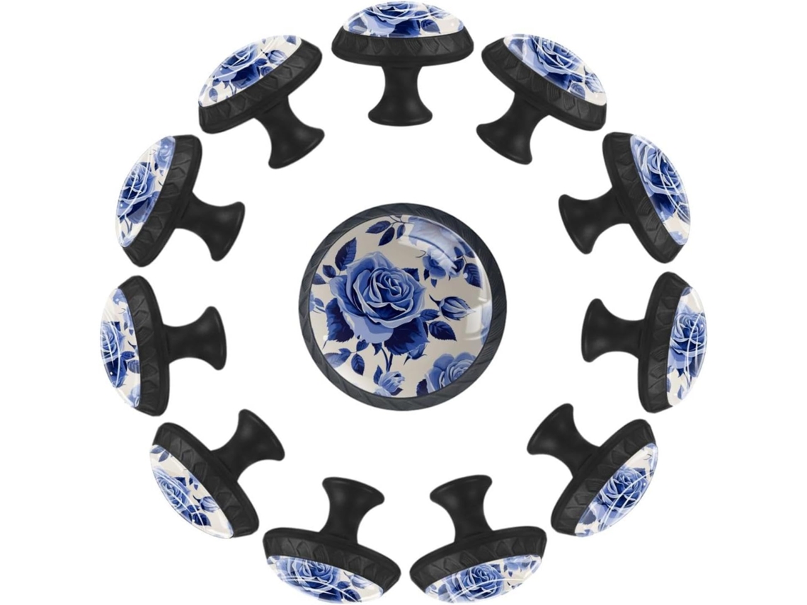 Puxadores Redondos Para Armários De Cozinha, Puxadores Para Gavetas De Cômoda, 12 Peças, Planta Rosa Azul, Puxadores