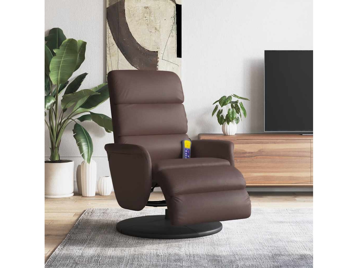 Vidaxl Poltrona Massagens Recl. C/ Apoio Pés Couro Artificial Castanho