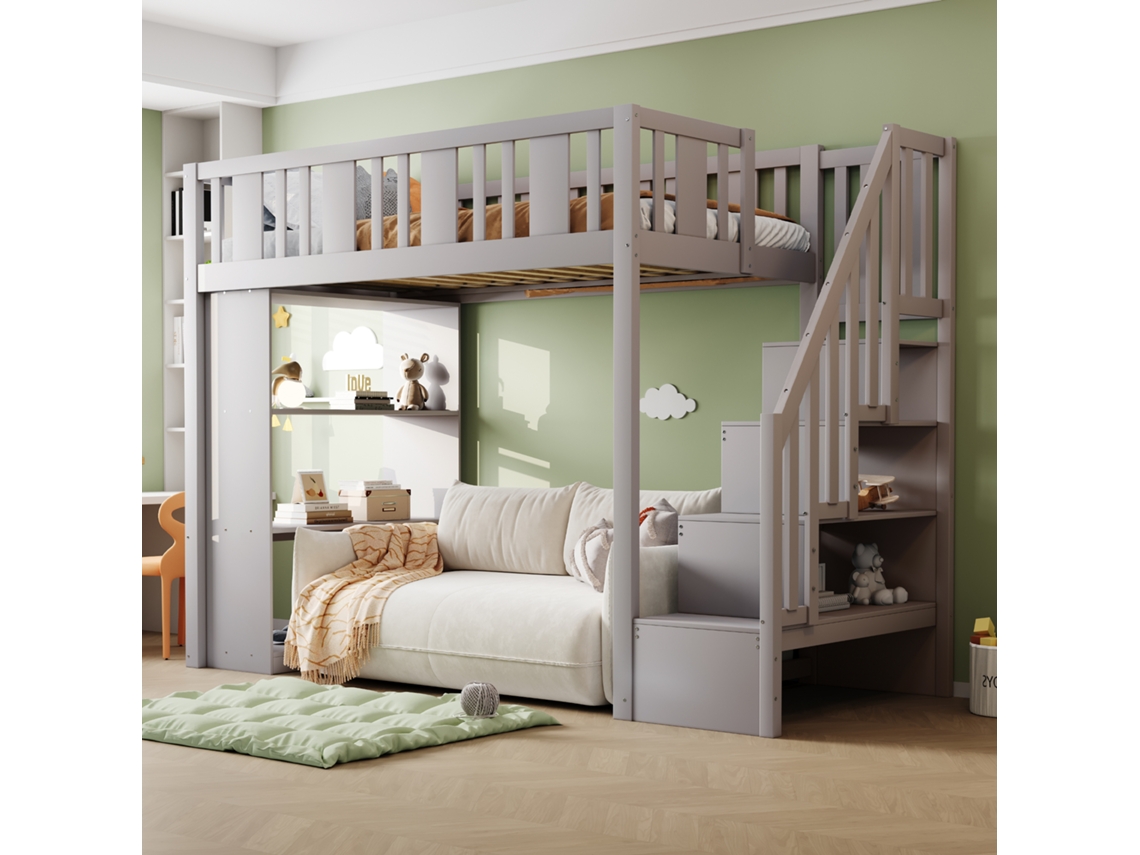 Cama Mezanino Cinza 90x200cm Madeira, Escada, Compartimentos (s/ Colchão).-op