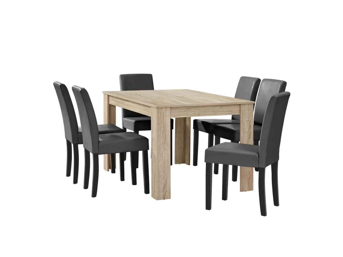 Mesa de Jantar + 6 Cadeiras Forssa Mdf e Couro Sintético 140X90X77Cm Carvalho Claro + Cinzento Escuro [EN.CASA]