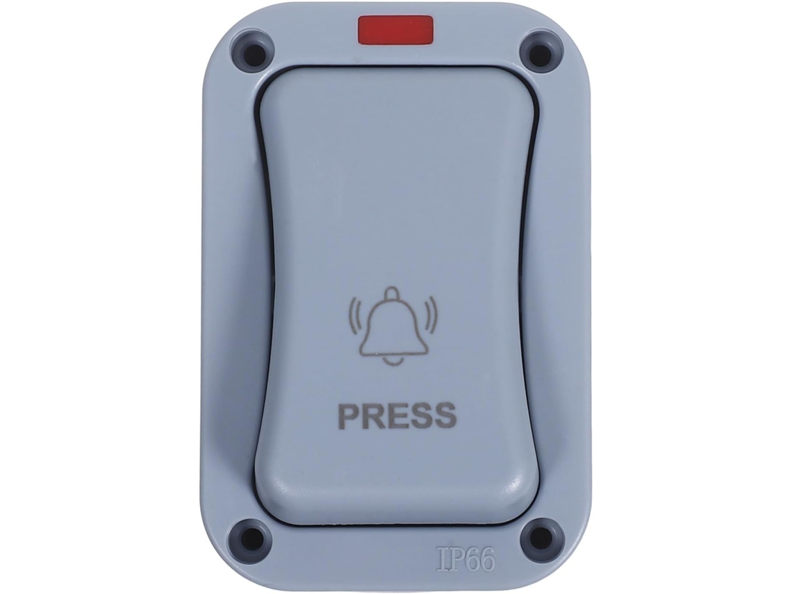 Câmera externa resistente às intempéries com luz indicadora e botão de pressão, para montagem em superfície, ideal para uso em ambientes externos.
