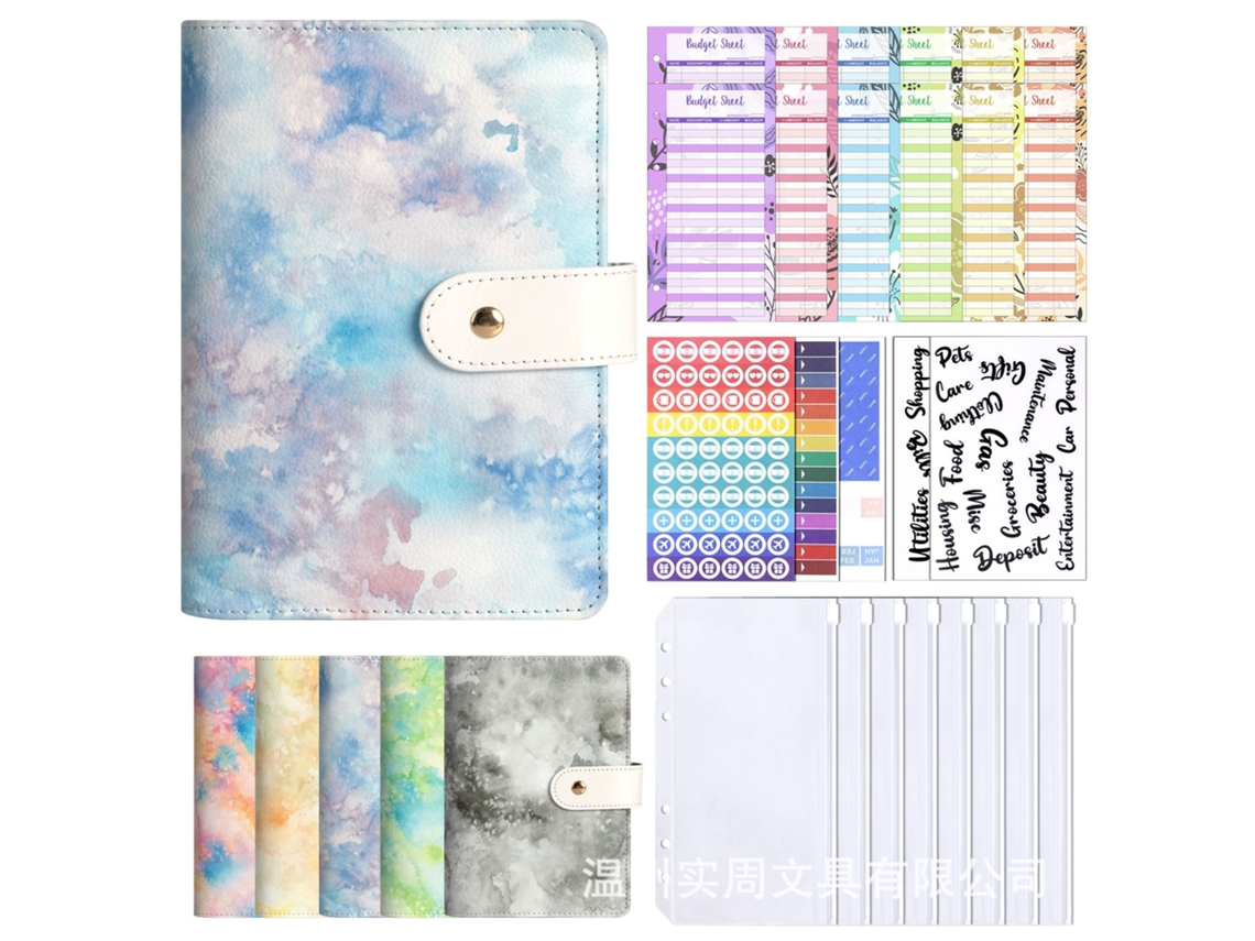 A6 Refillable Notebook With 12-zipper Pockets, Pu Leather Budget Planner, Oil Paint Tie Dye, Blue Includes New Cash