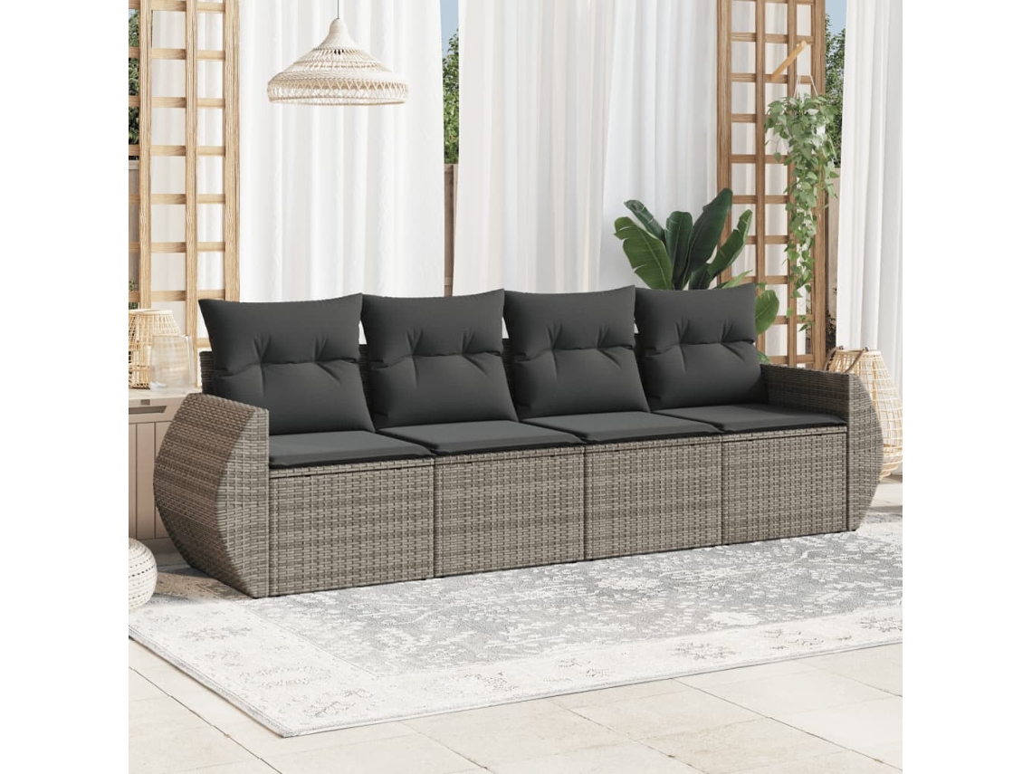 Conjunto de Sofá de Jardim 4 Peças C/ Almofadões Vime Pe Cinzento Dkd Home Decor