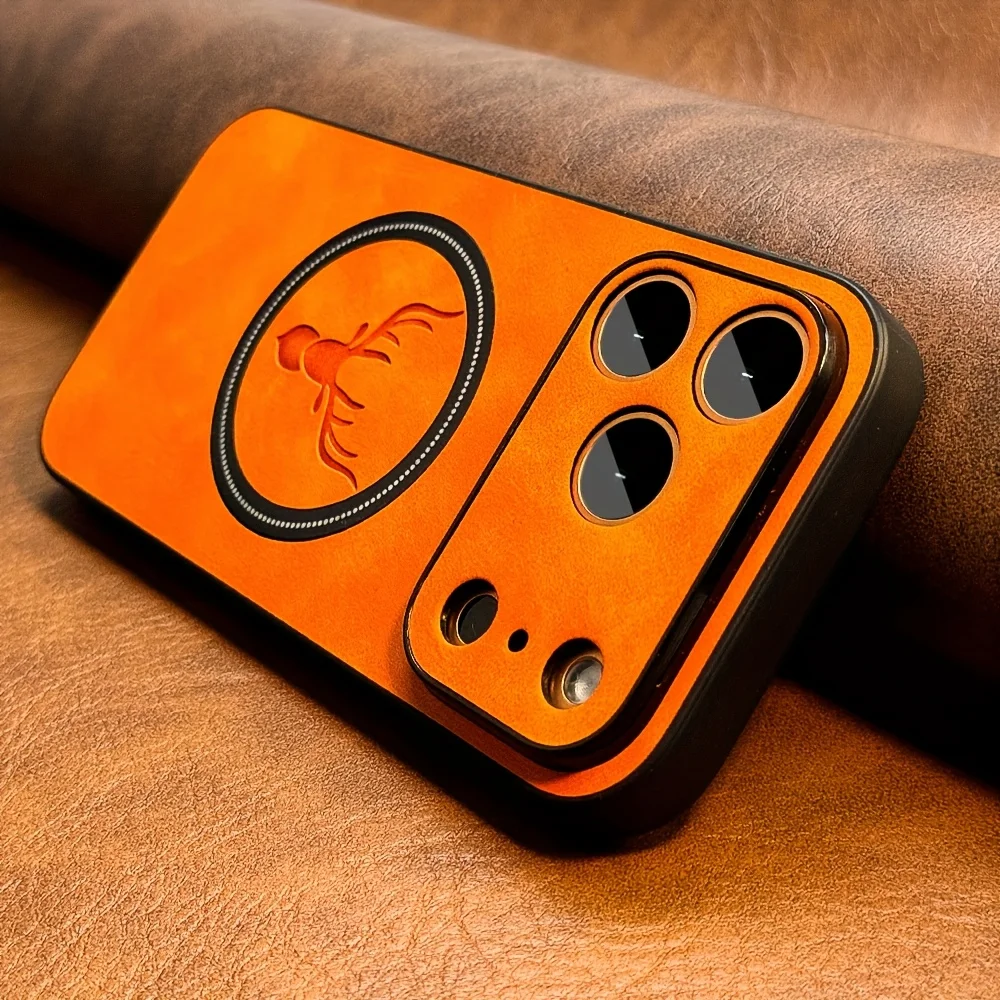 Capa Para Iphone 16 Pro Max Em Couro Pu Com Estampa De Veado, Compatível Com Carregamento Sem Fio Magsafe.