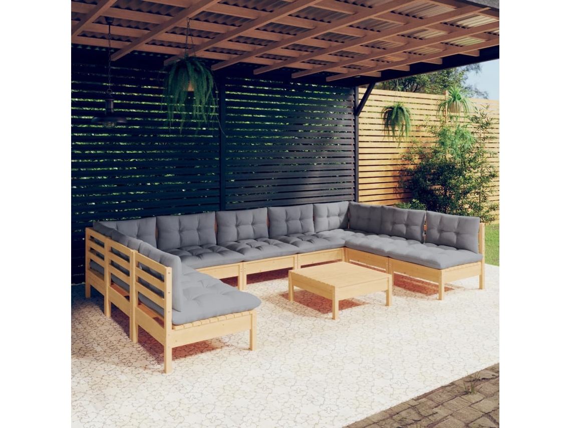 Conjunto 10pcs Lounge De Jardim Almofadões Cinza Pinho Maciço Dkd Home Decor