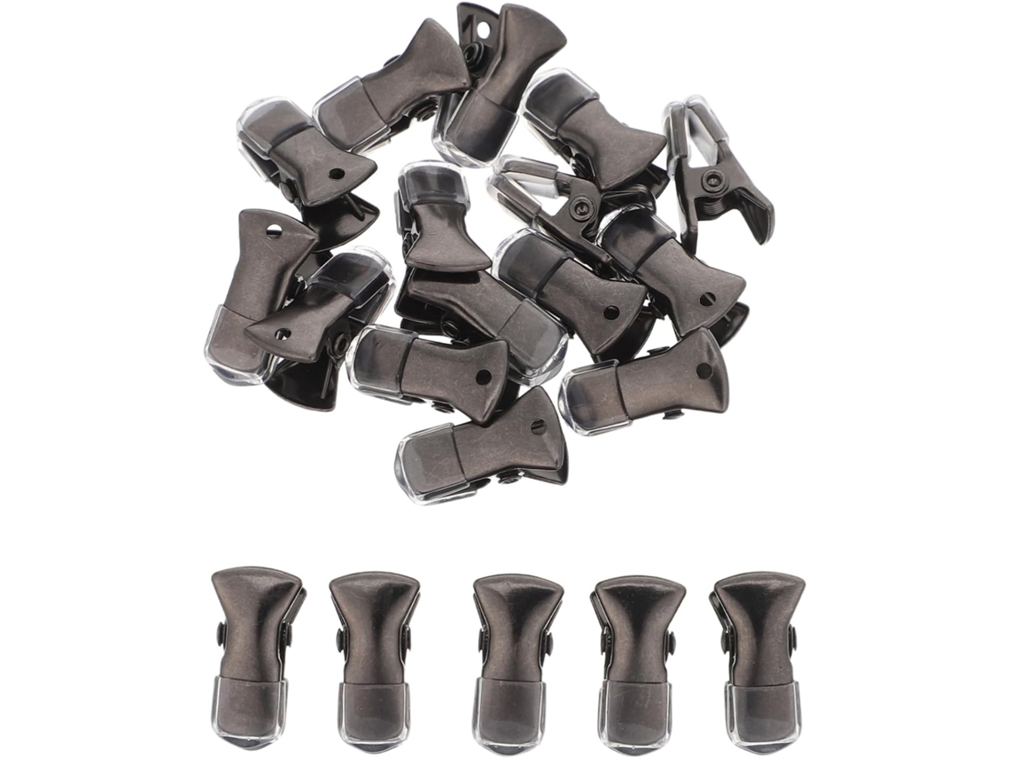 Conjunto de 20 alfinetes metálicos tipo jacarelado para roupas e chapéus, com capa protetora resistente e prática.