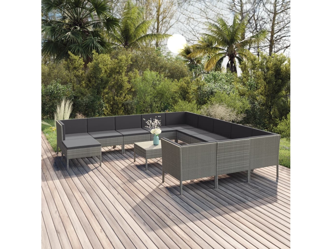 Vidaxl 13 Pcs Conjunto Lounge De Jardim C/ Almofadões Vime Pe Cinzento