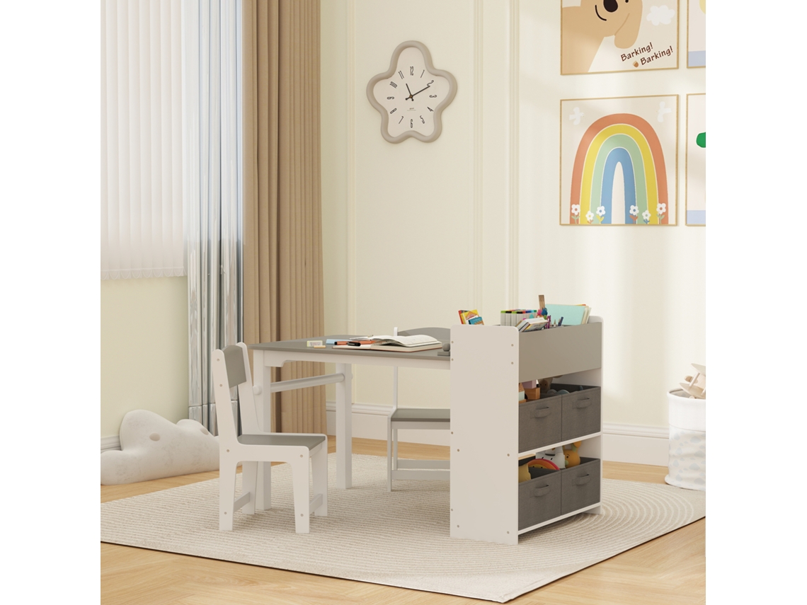 Conjunto De Mesa E Cadeiras Infantis Com 2 Cadeiras E Mesa Com Espaço Para Guardar Objetos, Feito De Madeira E Tecido Não Tecido, Cinza E Branco.