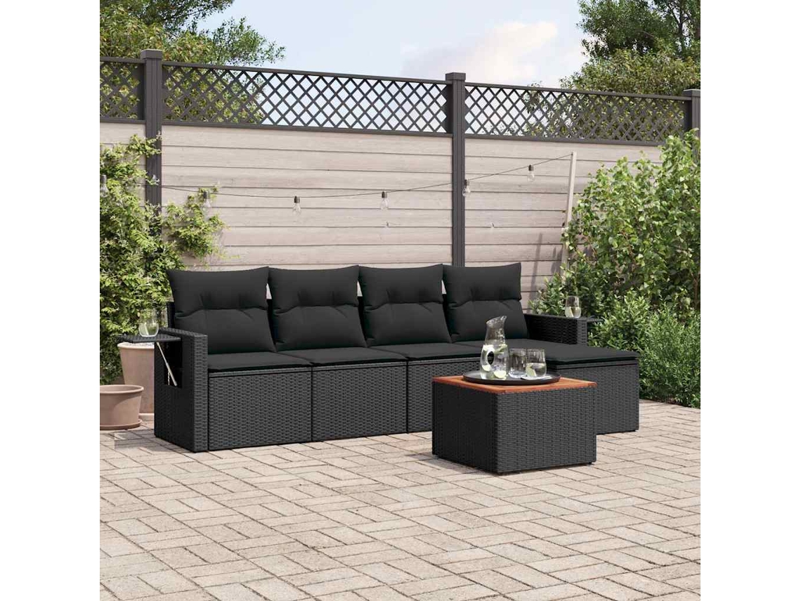 Vidaxl 6 Pcs Conjunto Sofás de Jardim C/ Almofadões Vime Pe Preto