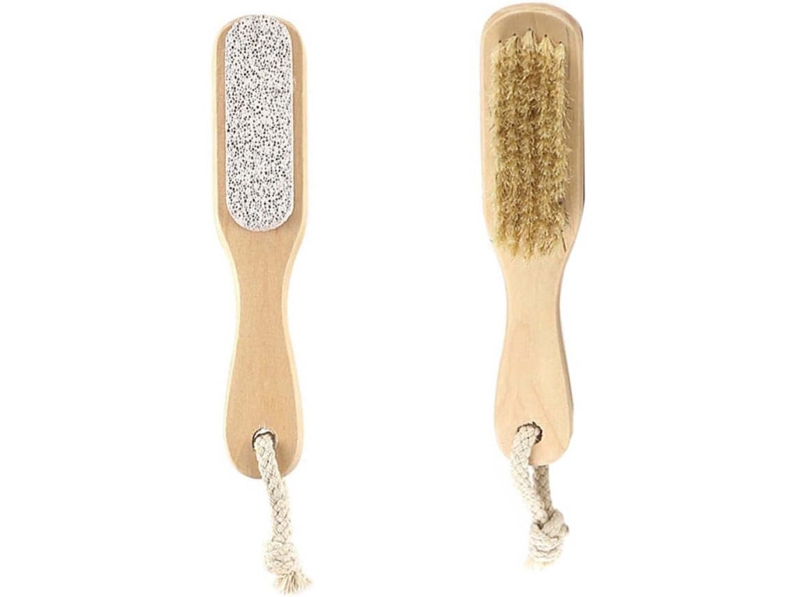 Escova dupla para pedicure facial, 2 peças, com cerdas de pedra e cerdas de porco, portátil.