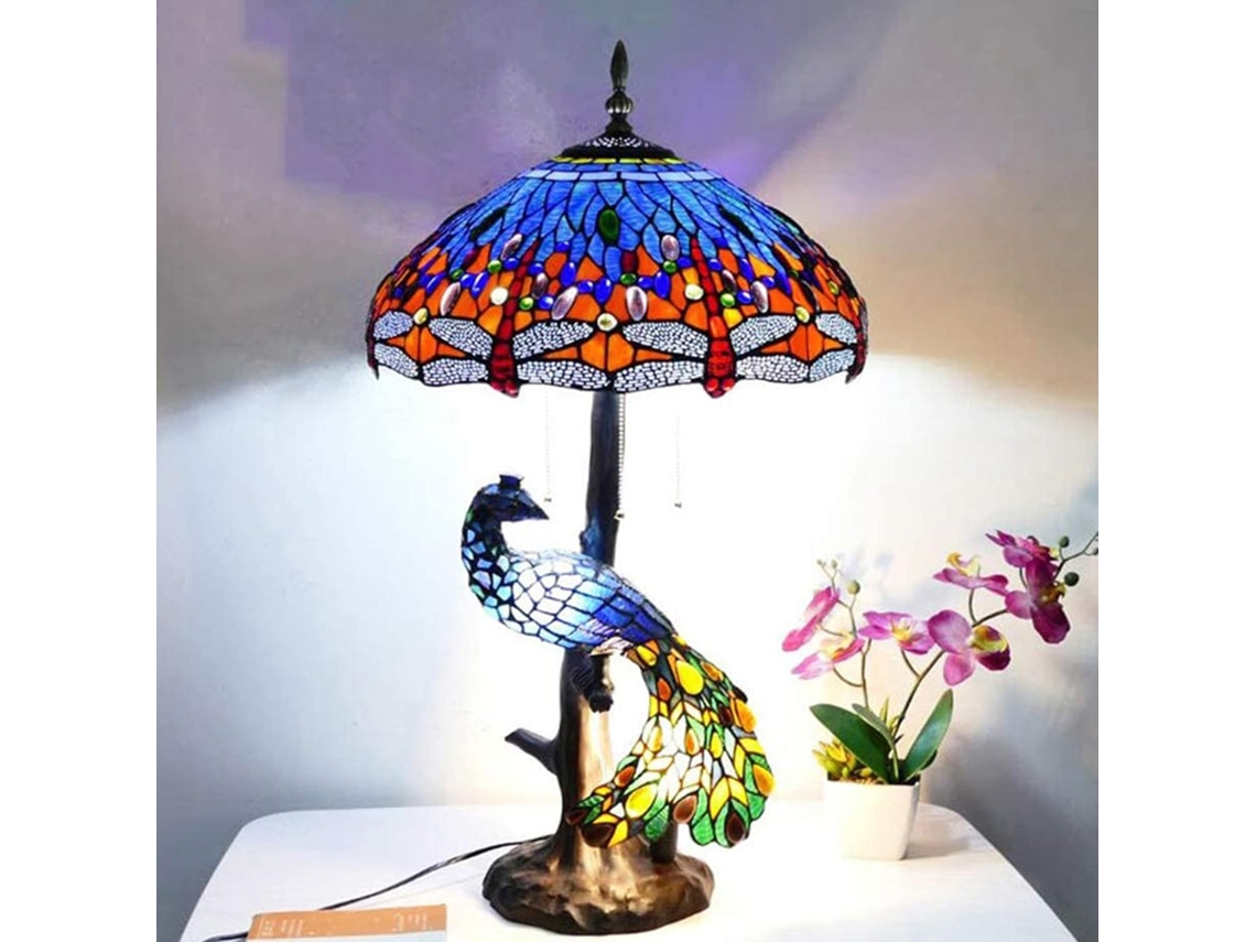 Abajur De Mesa Botowi 45cm Com Pavão Em Vitral, Flores De Libélula Rosa, Estilo Tiffany, Luminária De Mesa Noturna Em