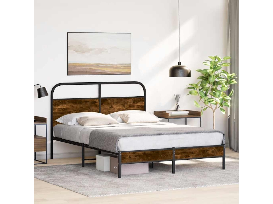 Cama De Casal | Camas Para Quarto | Estrutura De Cama 135x190 Cm Derivados Madeira Carvalho Fumado