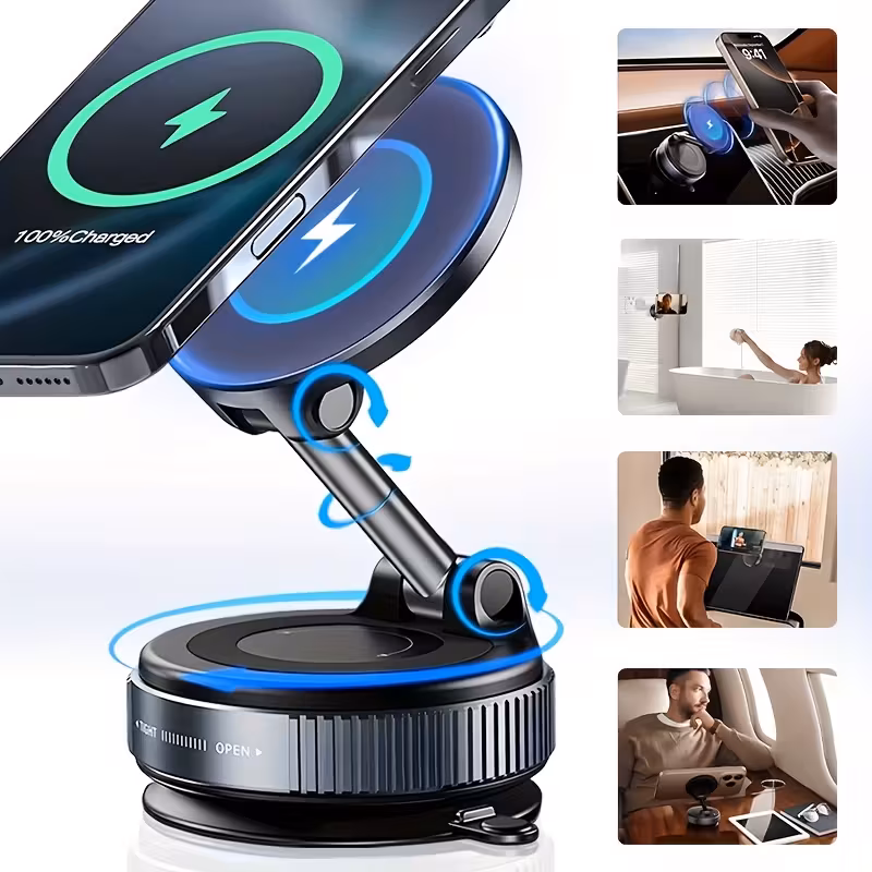 Suporte Magnético Para Carro Com Carregador Sem Fios 15w - Ventosa Forte E 360° Rotação