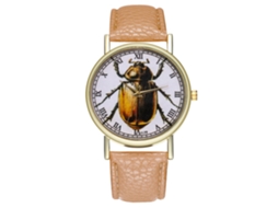Relógio de Pulso de Quartzo Unisex com Pulseira Pu e Padrão de Insetos Bege