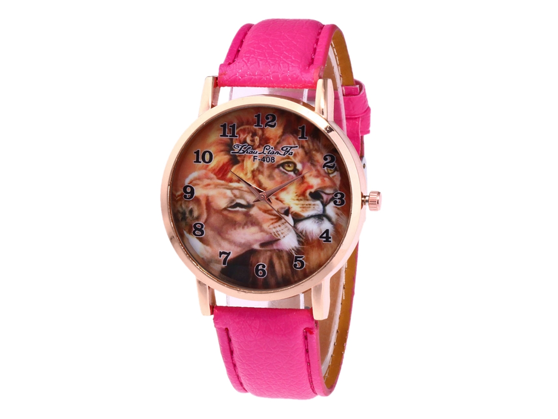 Reloj De Pulsera De Cuarzo Para Mujer Zhoulianfa Cuero Pu Patrón León Rojo Rosa