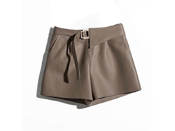 Shorts De Couro De Carneiro Genuíno De Cintura Alta Para Mulheres Com Bolsos Laterais E Cinto - Preto Cinza