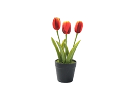 Laxiscreed Flor Artificial Tulipa Vermelha Sunset Com Três Cabeças E Mini Bonsai Em Vaso