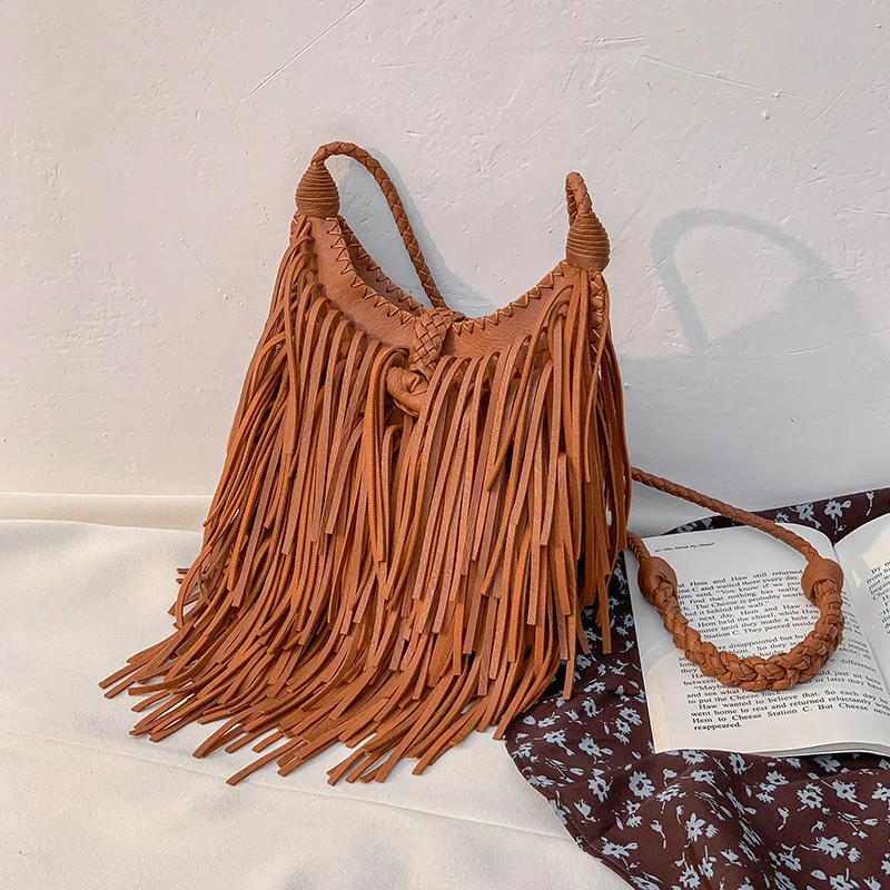 (marrom, 21x18x6 Cm) Bolsa Transversal Feminina Com Franjas Duplas, Estilo Vintage, Em Couro Pu Macio.