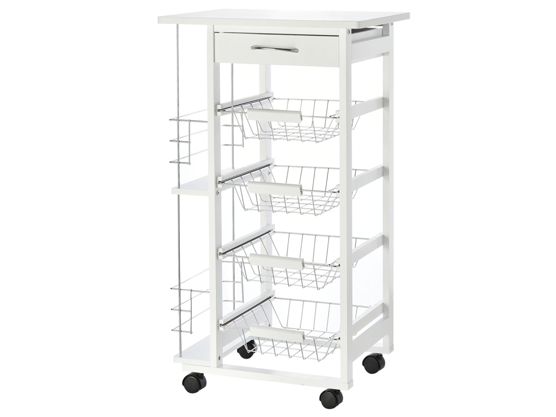 Carrinho de Cozinha Salva espaço em Madeira Branca.suporte para Alimentos com 1 Bancada,1 Gaveta e 4 Cestos Metálicos.47x37x83cm