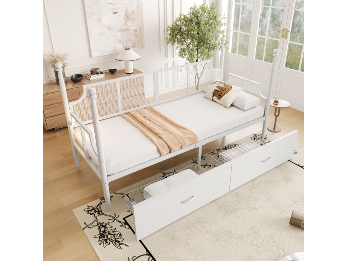 Cama Sofá Ferro 90x200, Estilo Vintage, Colunas Altas, Estrutura Metálica, Prateleiras. Solteiro, Branca, Adolescente.