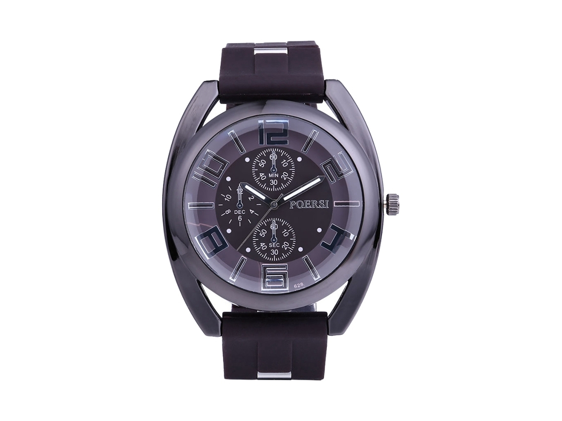 Relógio masculino casual de quartzo com pulseira de silicone e três mostradores, marrom.