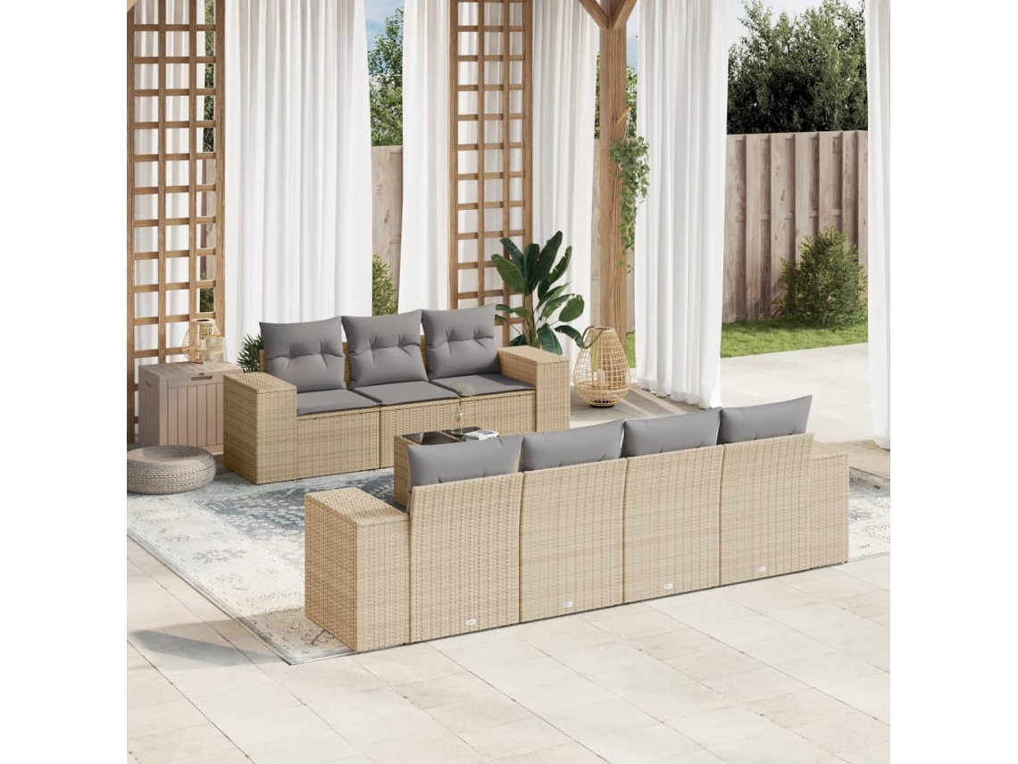 Vidaxl 8 Pcs Conjunto De Sofás P/ Jardim Com Almofadões Vime Pe Bege