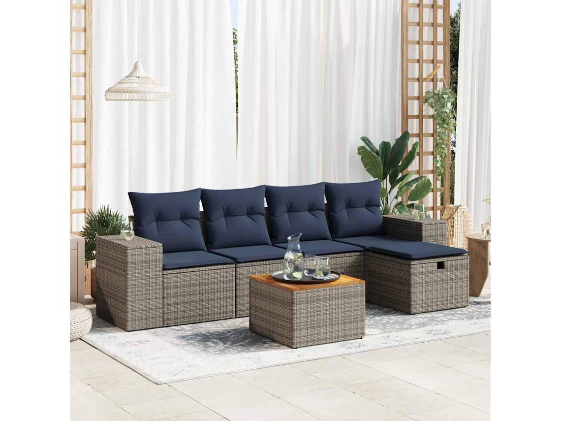 Vidaxl 6 Pcs Conjunto Sofás De Jardim Com Almofadões Vime Cinzento