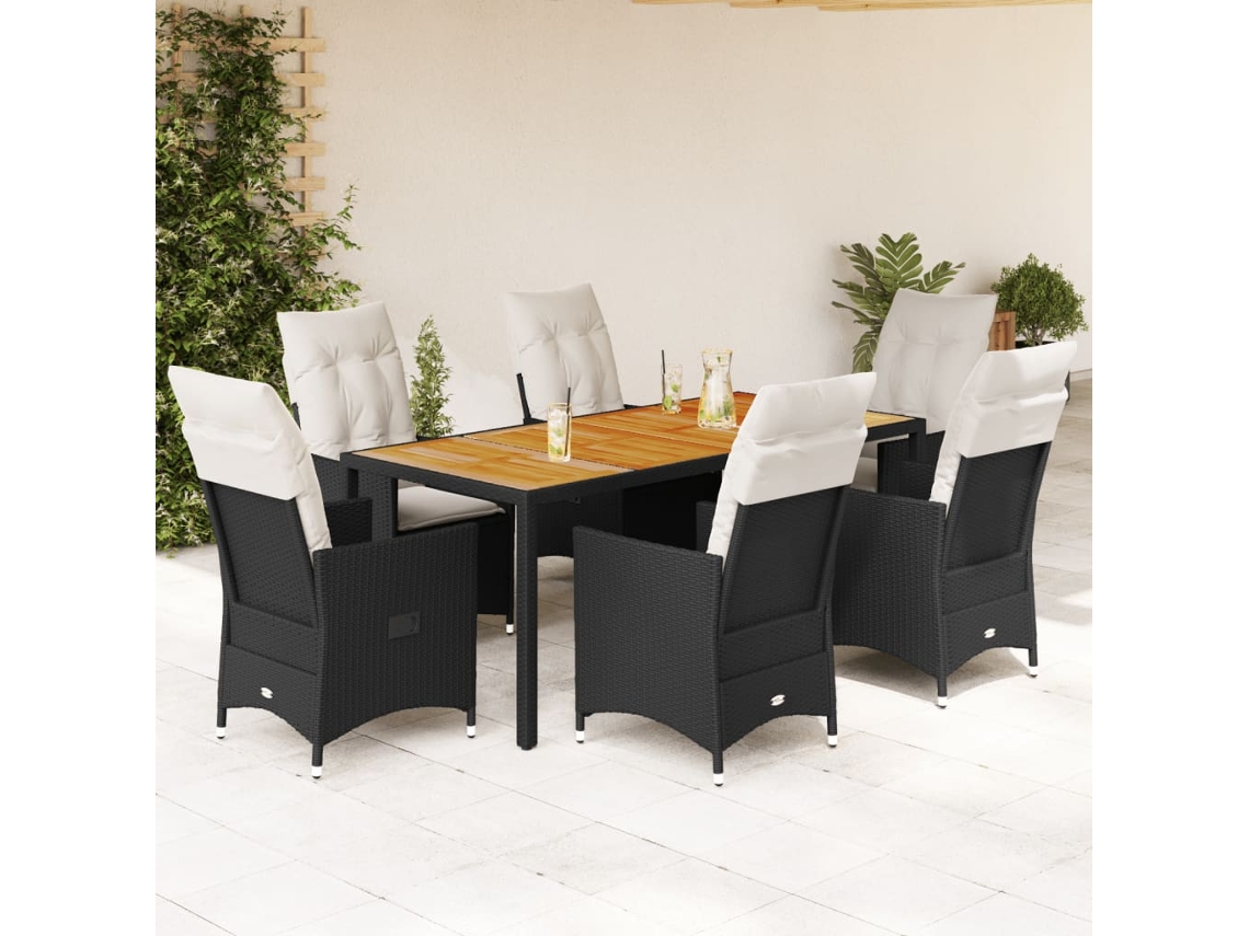 Vidaxl 7 Pcs Conjunto De Jantar P/ Jardim C/ Almofadões Vime Pe Preto