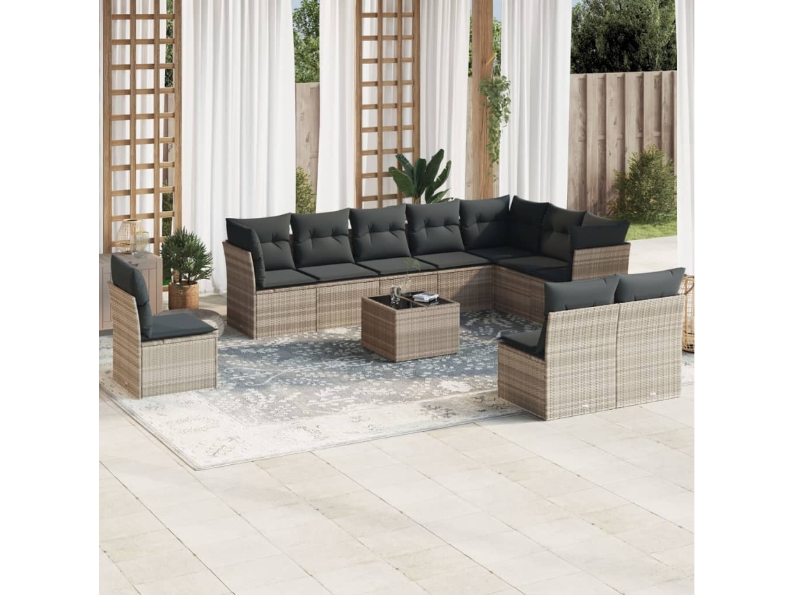 Vidaxl 11 Pcs Conjunto Sofás De Jardim C/ Almofadões Vime Pe Cinzento