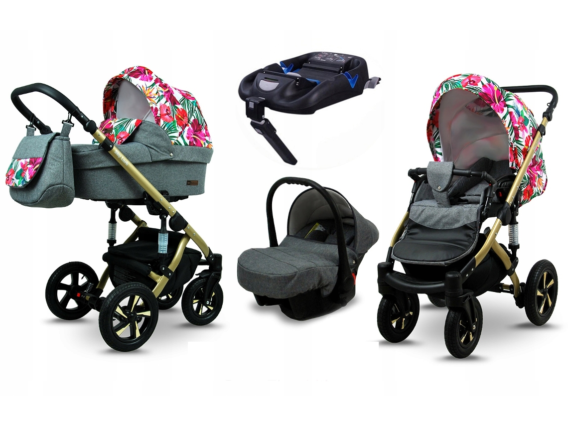 Carrinho de Bebé Multifuncional BABYLUX SKY LARK 4 Em 1 -Grey Flex Hibiscus GOLD FRAME - Ajustável e dobrável Construção leve em alumínio - Acessórios