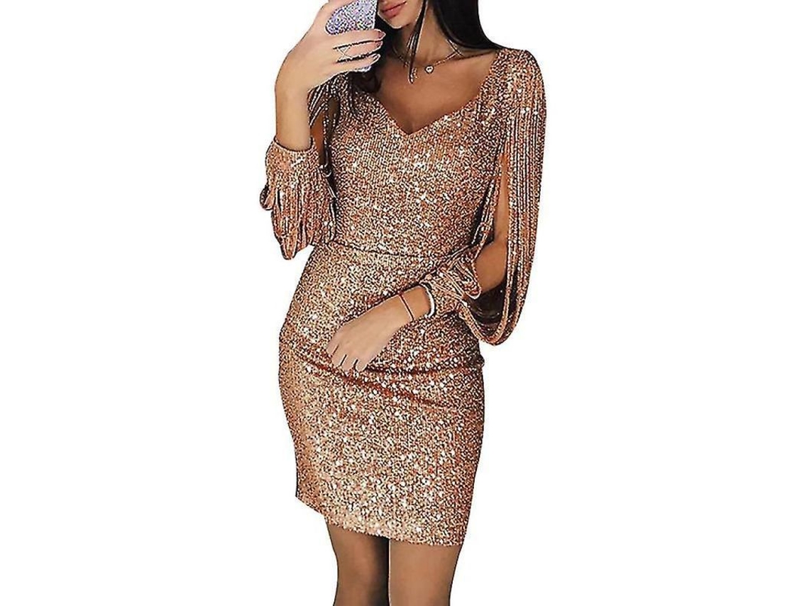 Vestido Sequin Mulher Brilho Sexy V Profundo Longas Tassel Sobre a Rodilha Rosa Ouro