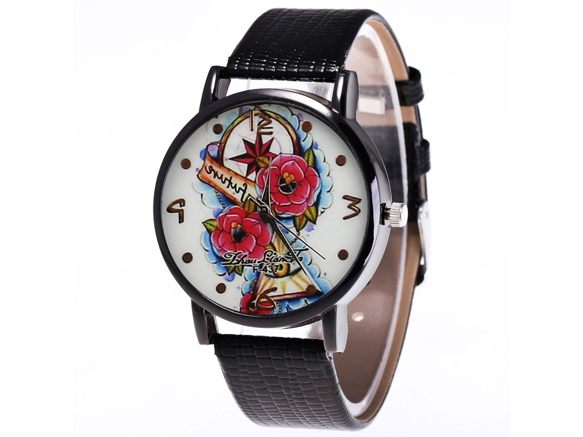Reloj De Cuarzo Unisex Con Correa De Cuero Pu, Dial Redondo Y Patrón Floral (negro)