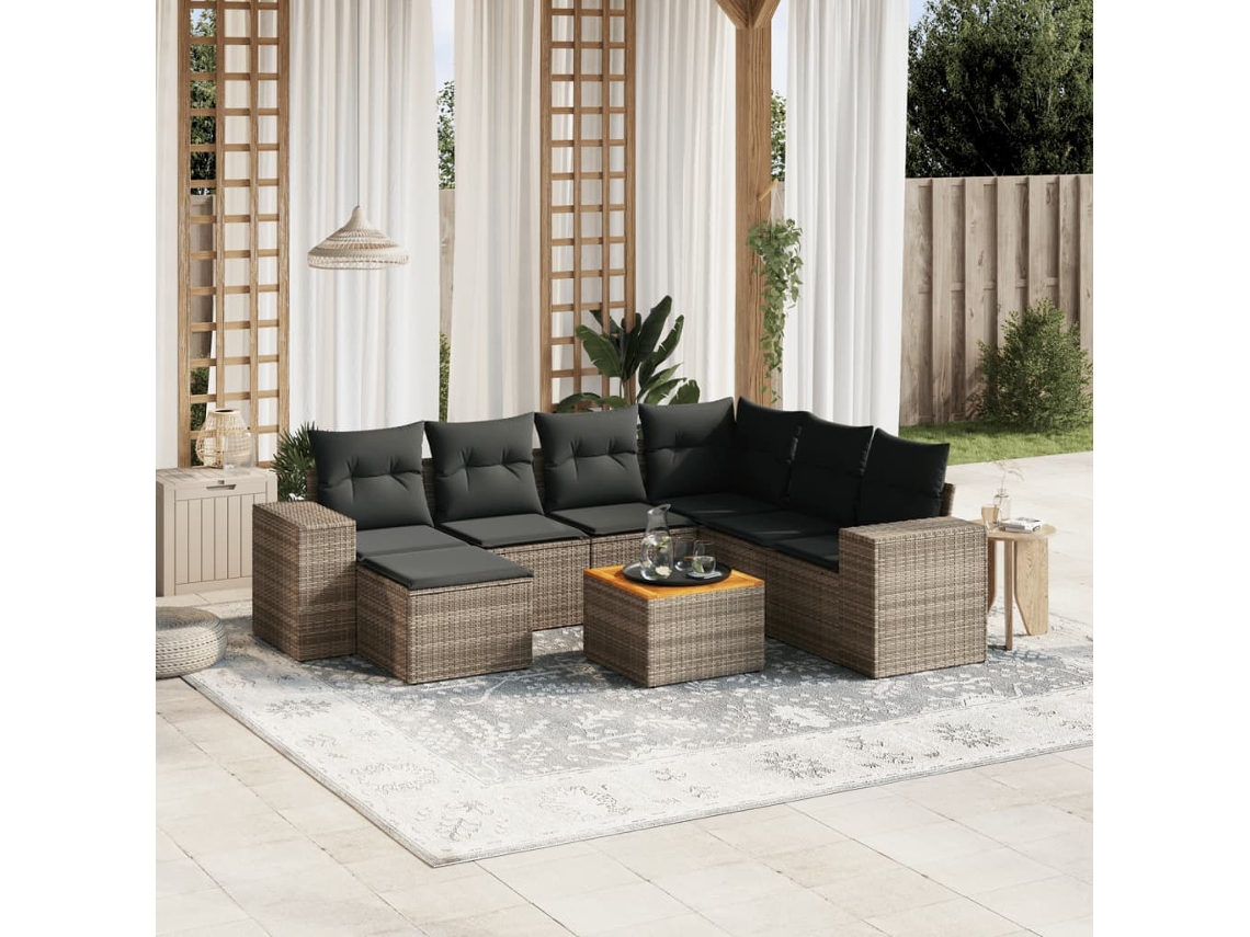 Vidaxl 8 Pcs Conjunto Sofás De Jardim C/ Almofadões Vime Pe Cinzento