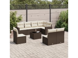 Vidaxl 9 Pcs Conjunto Sofás P/ Jardim C/ Almofadões Vime Pe Castanho