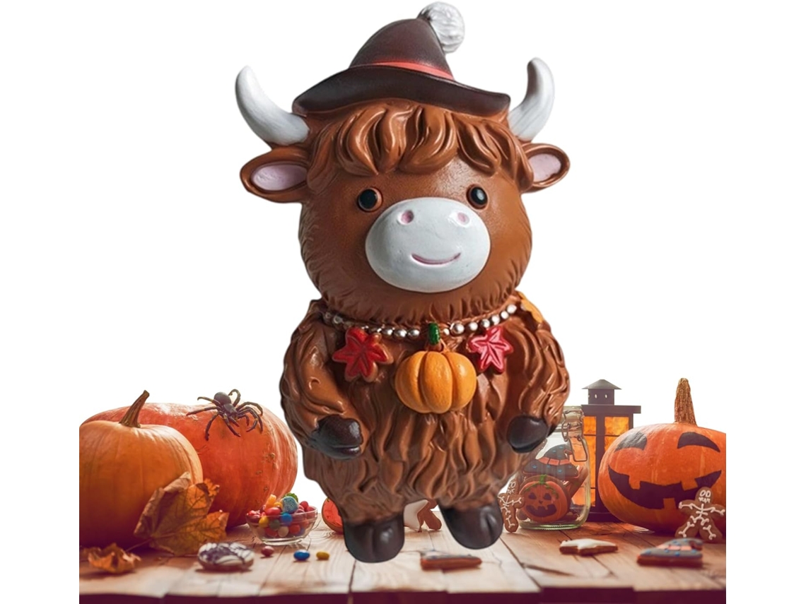 Estátua De Vaca Das Terras Altas Em Resina, Decoração De Outono Para O Dia De Ação De Graças.